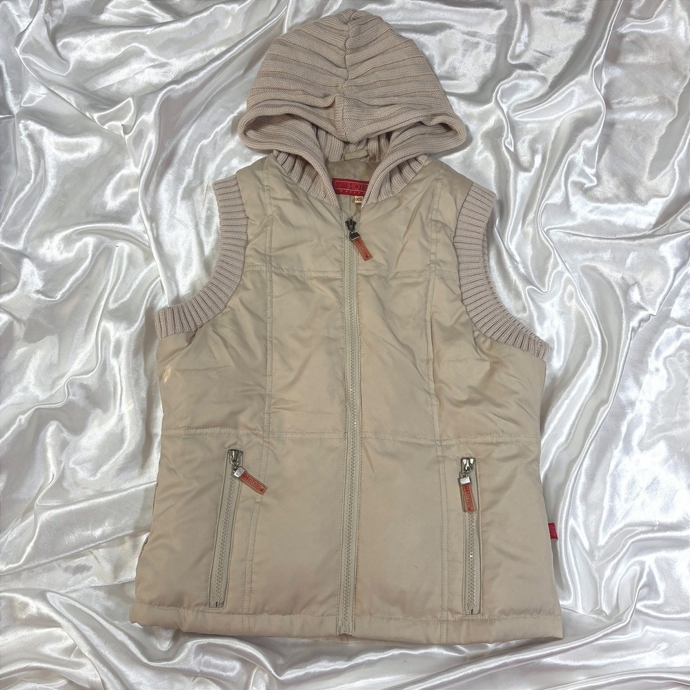 y2k Hot Kiss Puffer Vest Tan Excellent Ribbed Knit Hooded Sleeveless Jacket XS